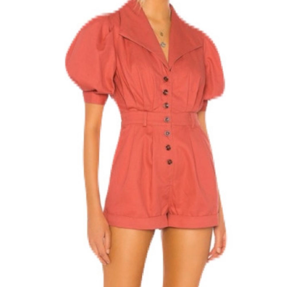 NWT Song of Style Muted Coral Medium Button-Up Cameron Romper Puff Sleeve Summer